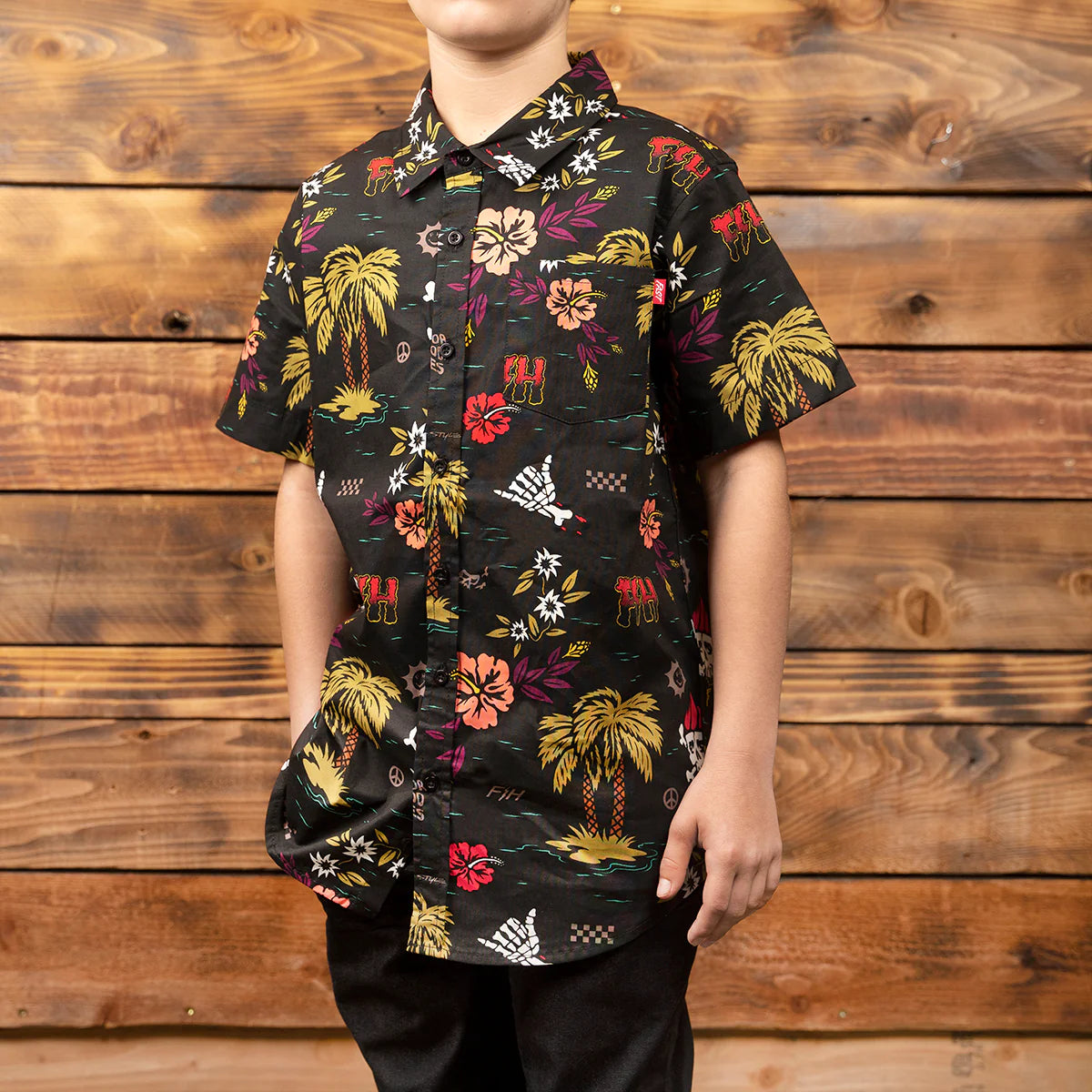 Fashouse Tribe Short Sleeve Button-Up Shirt - Youth - Black